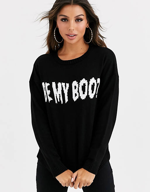 Missguided halloween knitted jumper with be my boo slogan print in black