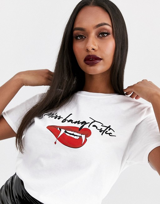 Missguided Halloween miss fangtastic slogan t-shirt in white