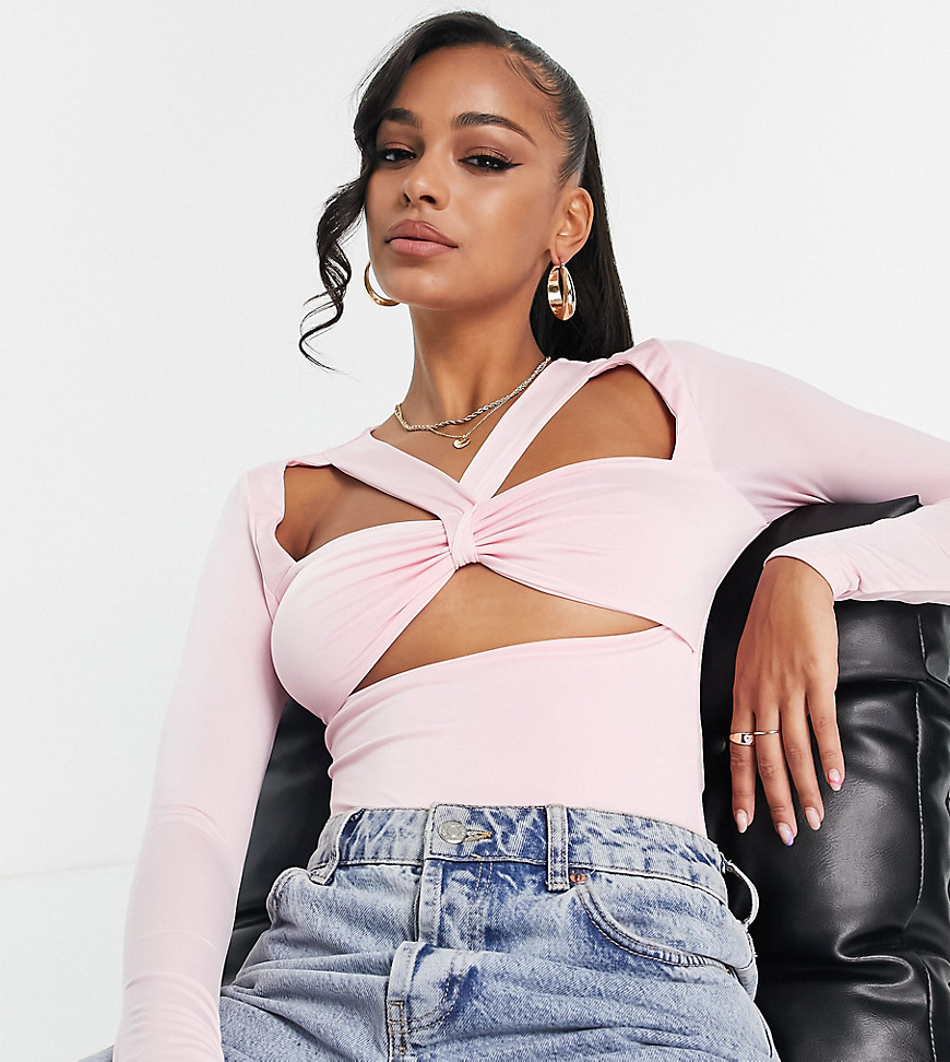 Missguided halter neck bodysuit with long sleeves in pink