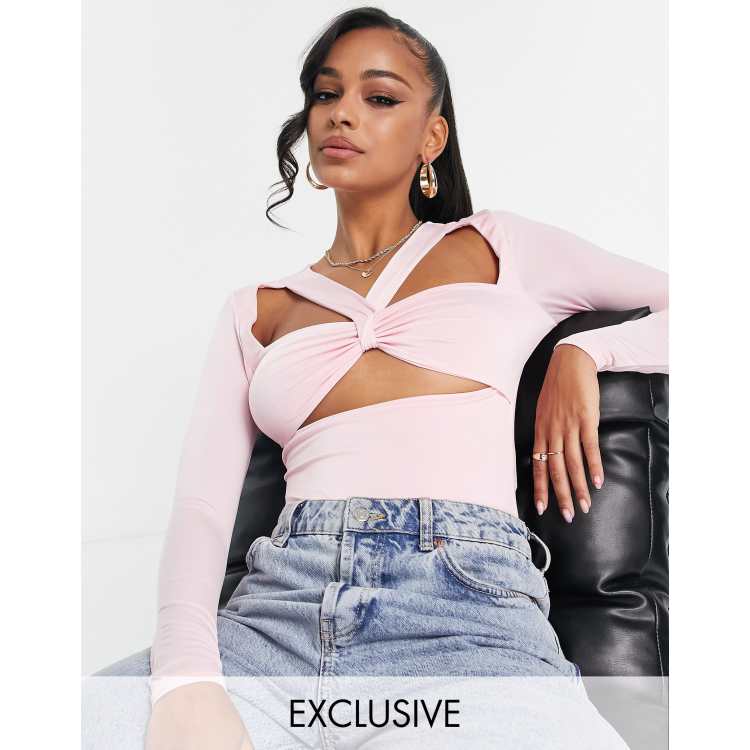 Missguided halter neck bodysuit with long sleeves in pink