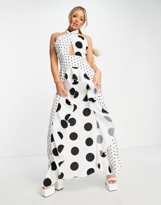 Missguided halter neck keyhole detail maxi dress in contrast white polka dot