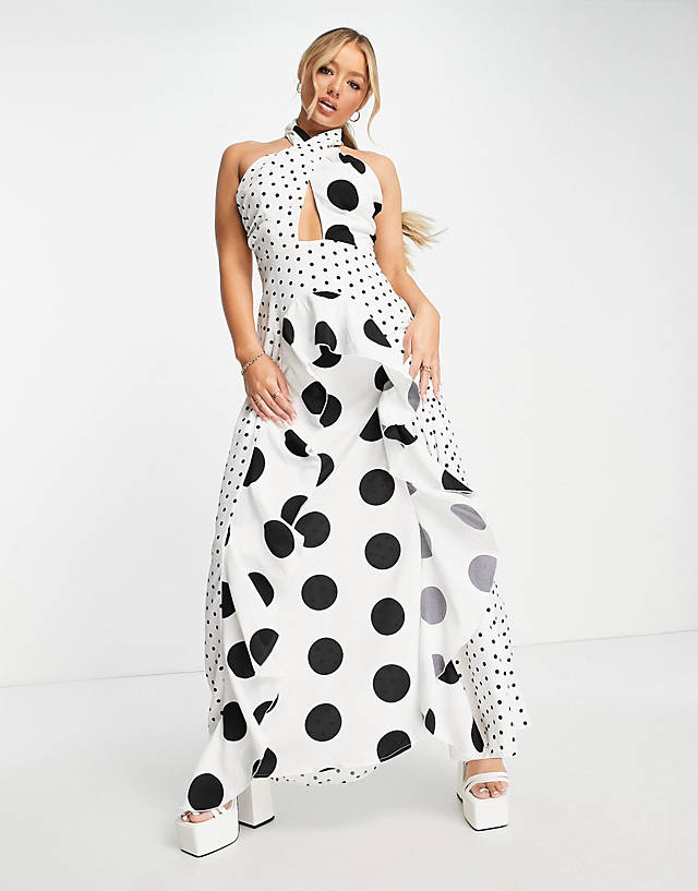 Missguided - halter neck keyhole detail maxi dress in contrast white polka dot