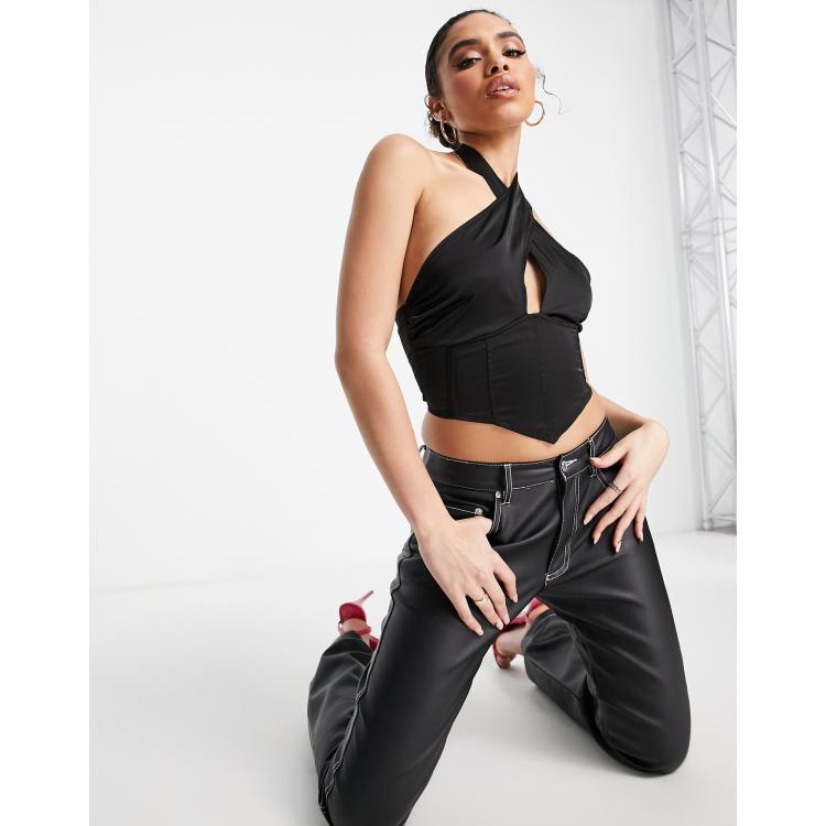 Missguided halter neck wrap top in black satin