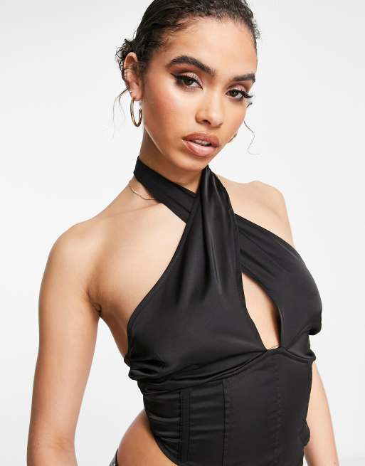 Missguided halterneck wrap top in black satin, 4 of 4