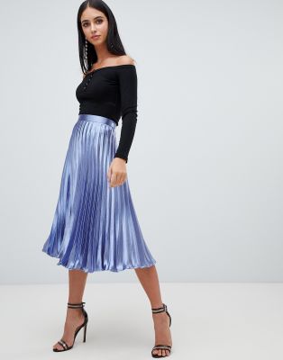 Missguided hammered satin pleated midi skirt in blue | ASOS