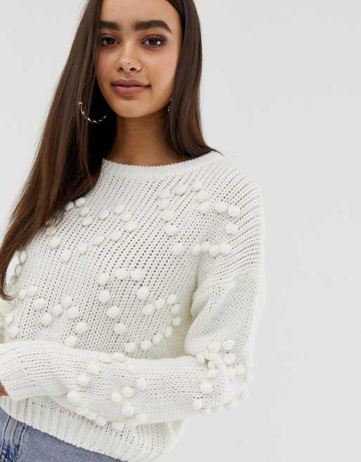 Missguided heart pom pom sweater in cream