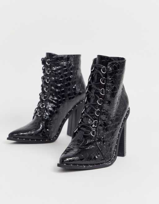 black croc studded ankle boots