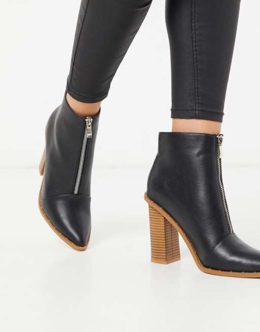 Missguided high block heeled ankle boots with zip front in black | ASOS