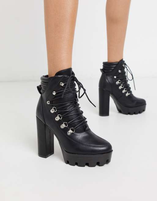 Missguided High Heeled Lace Up Hiking Boot In Black Asos