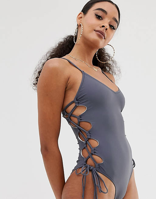 Missguided high leg lace up swimsuit in grey