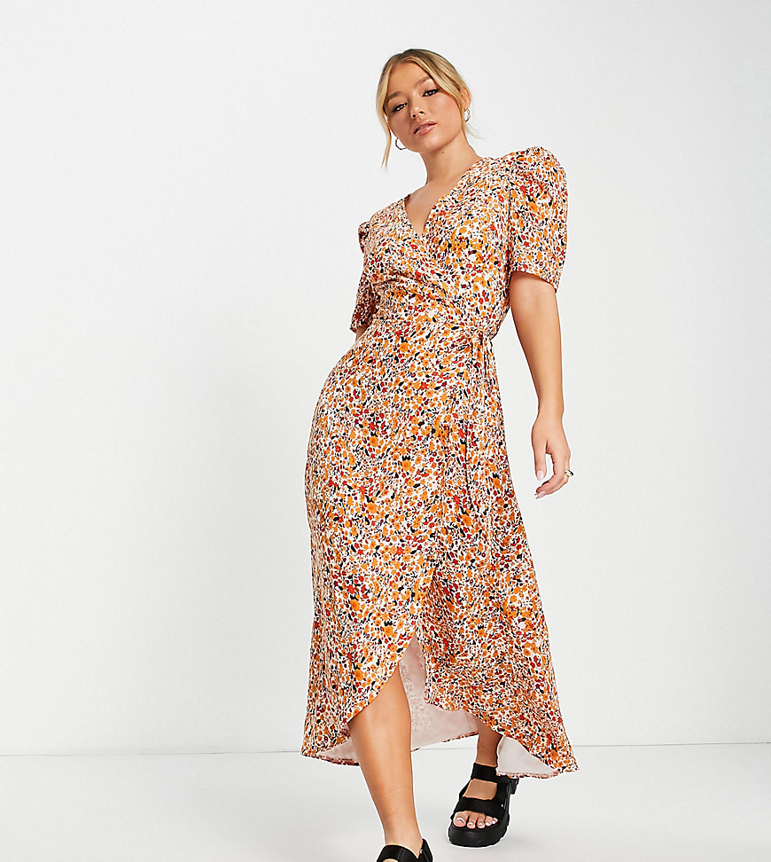 Missguided high low midi dress with puff sleeve in red floral
