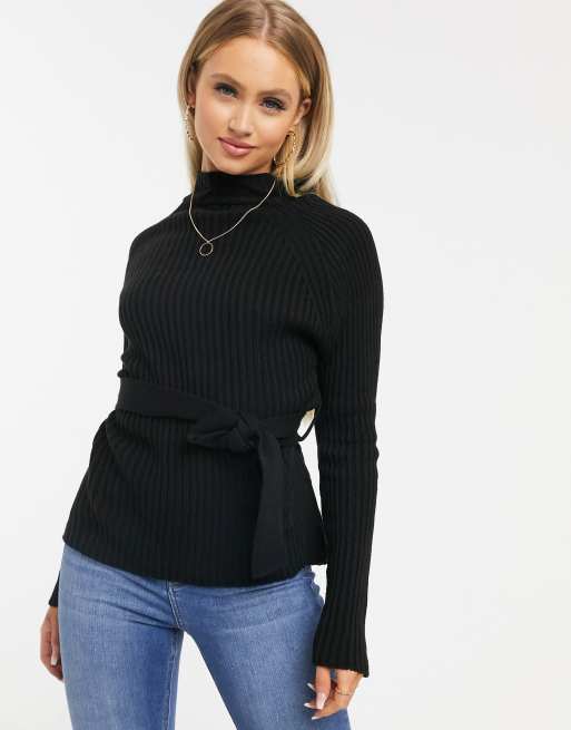 Missguided high neck belted sweater in black ASOS
