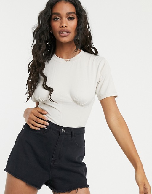 Missguided high neck bodsyuit with corset panels in stone