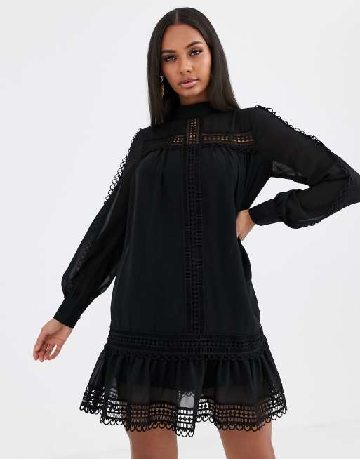 Missguided high neck crochet trim dress in black