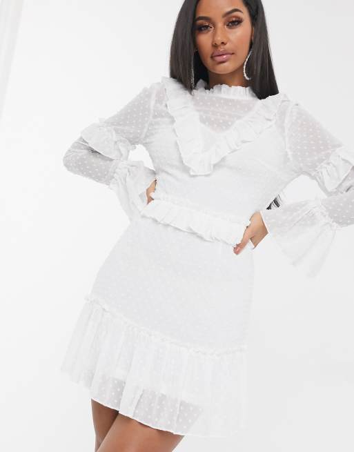 Missguided High Neck Bell Sleeve Lace Dress in White