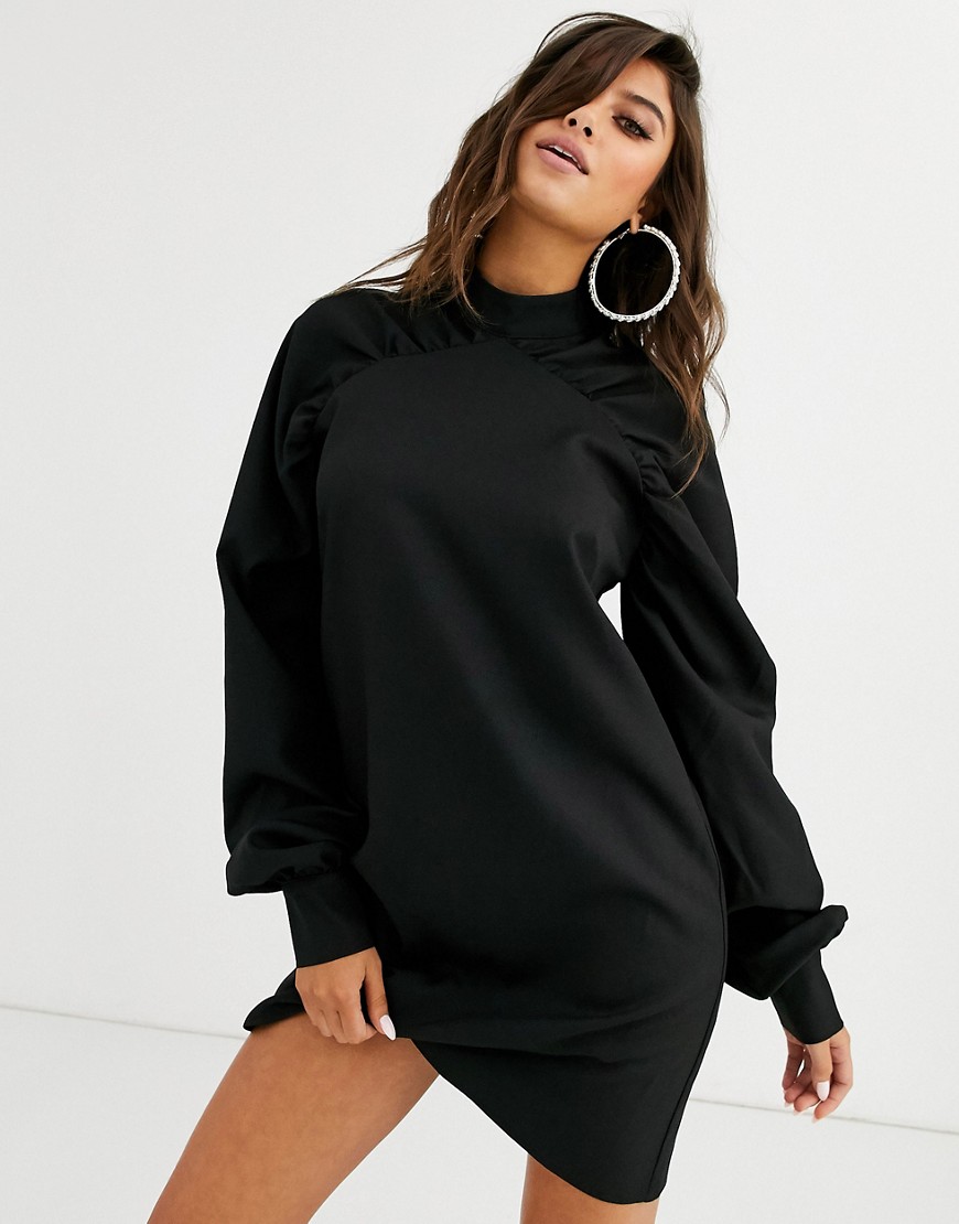 Missguided high neck dress with ruched detail in black