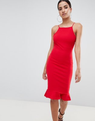 Missguided High Neck Frill Hem Midi Dress-Red