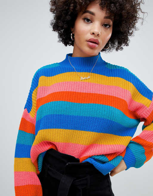 Blue jumper with outlet rainbow stripes