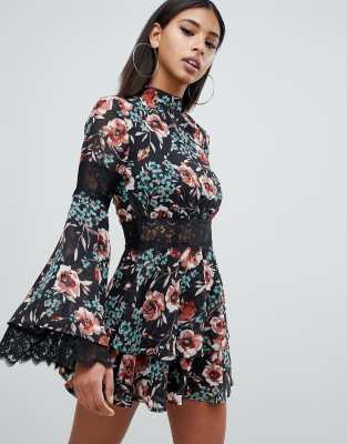 missguided high neck lace tea dress in floral in multi