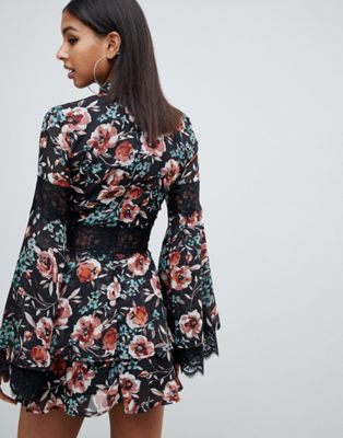missguided high neck lace tea dress in floral in multi