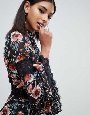 Missguided high neck lace tea 2025 dress in floral in multi