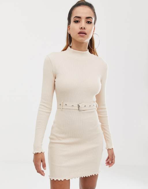 Missguided high neck ribbed belted dress in beige