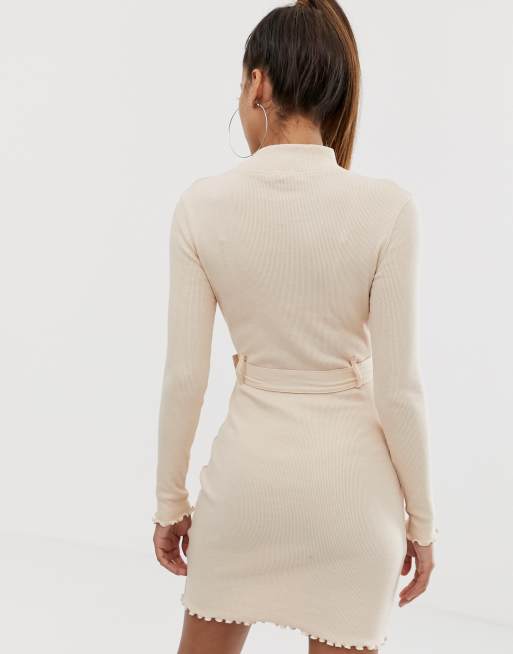 Missguided high neck ribbed belted dress in beige