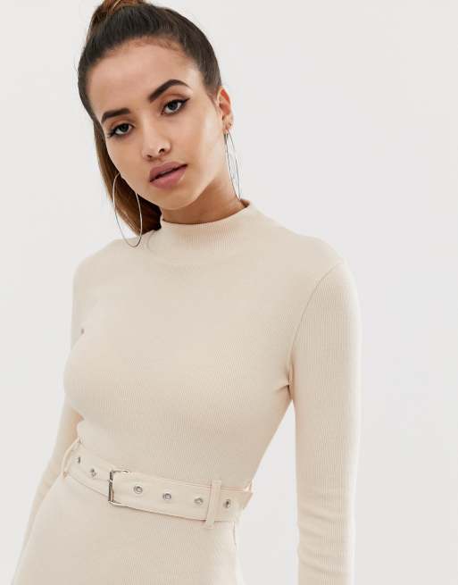 Missguided high neck ribbed belted dress in beige | ASOS