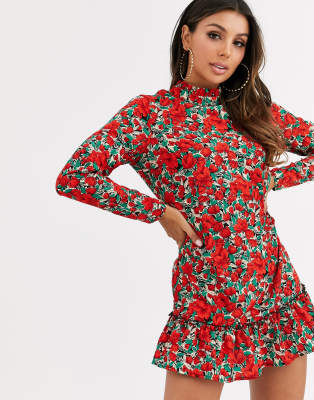 red floral high neck dress
