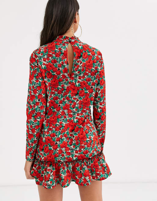 Missguided high neck smock dress with drop waist in floral print Missguided high neck smock dress with drop waist in floral print