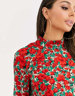 red floral high neck dress