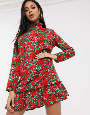 Missguided high neck smock dress with drop waist in floral print-Red