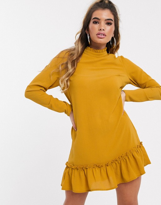 Missguided high neck smock dress with drop waist in mustard