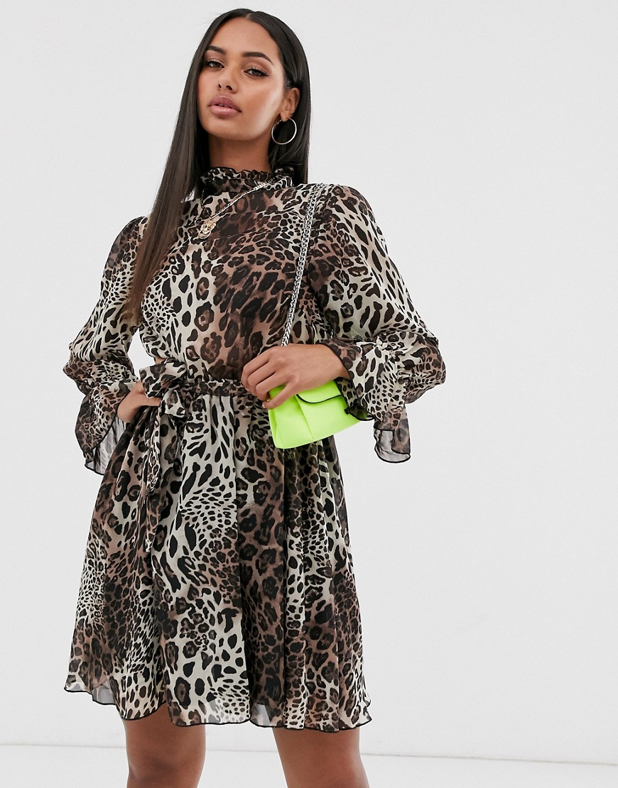 Missguided high neck smock dress wth tie waist in leopard print-Multi