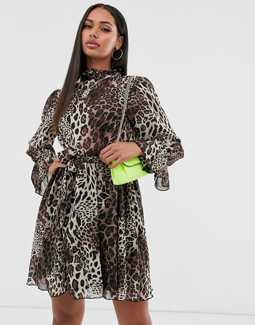 Missguided high neck smock dress wth tie waist in leopard print