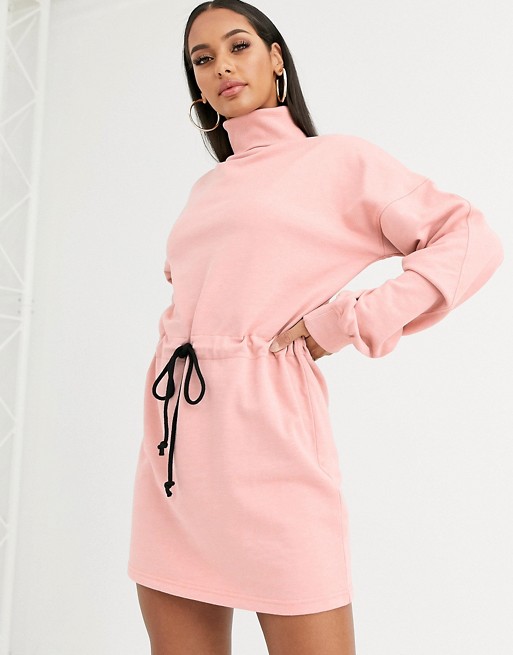 Missguided high neck sweatshirt dress with toggle tie waist in pink