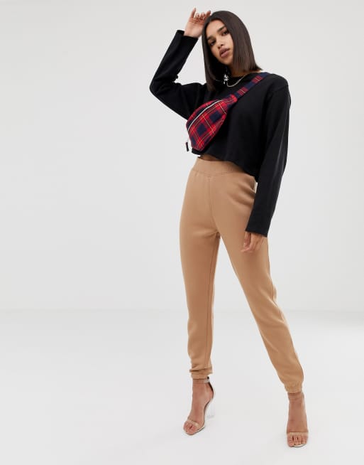 Missguided high waisted jogger in camel ASOS