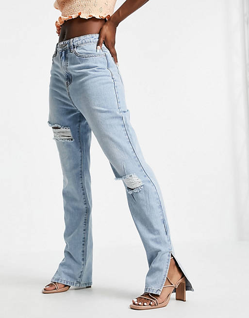 Women Missguided high waisted straight jean with split in blue 