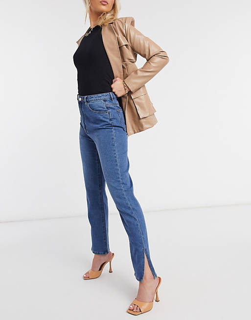 Missguided high waisted wrath straight leg jean with split hem in blue