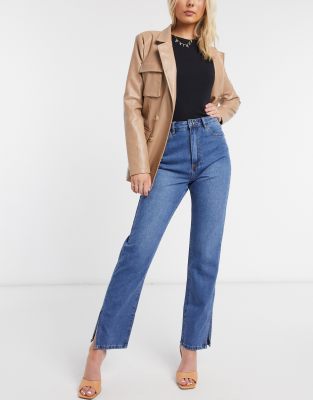 high rise split hem straight leg jean