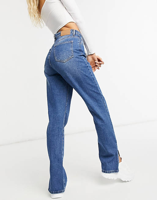 Jeans Missguided high waisted Wrath straight leg jean with split hem in blue 