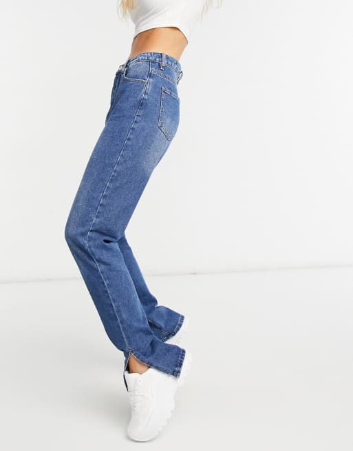 Missguided high waisted Wrath straight leg jean with split hem in blue