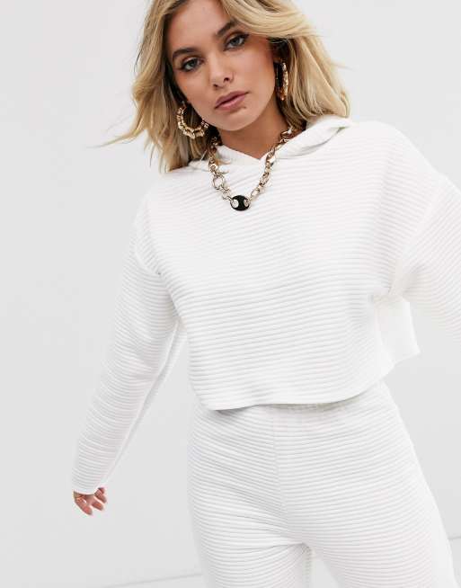 Missguided - Ensemble côtelé avec hoodie court et joggers - Blanc, 2 de 3