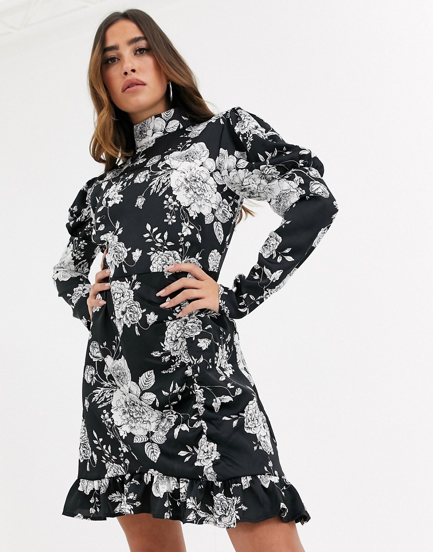 Missguided - Hoogsluitende mini-jurk met pofmouwen en bloemenprint-Zwart