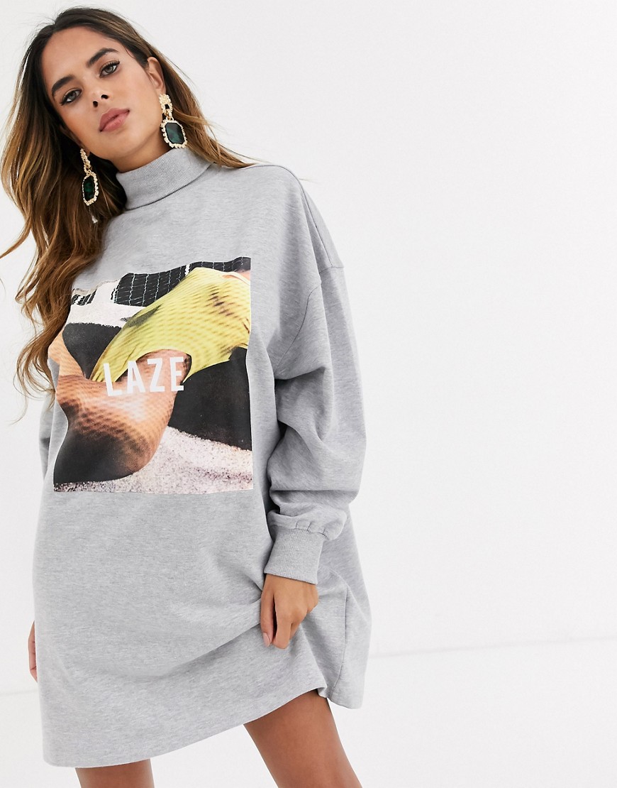 Missguided - Hoogsluitende sweatshirtjurk met grafische print in grijs
