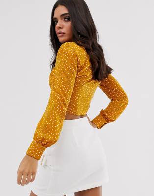 Missguided hook and eye crop top in mustard polka dot