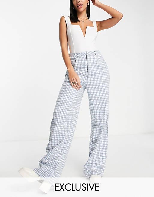 Missguided houndstooth wide leg pants in blue (part of a set)