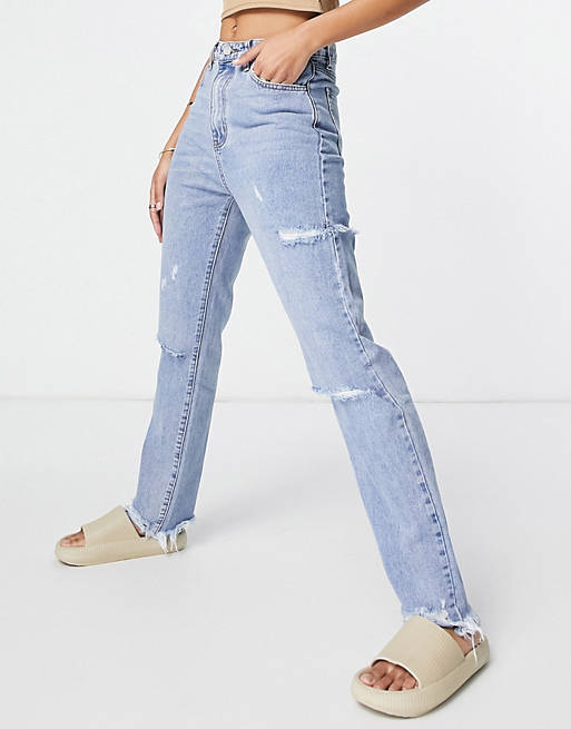 Missguided - Jeans met hoge taille en scheur op de dij in lichtblauw
