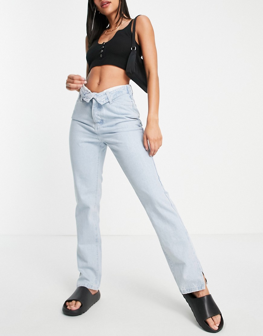 Missguided - Jeans met rechte pijpen en omgevouwen tailleband in blauw