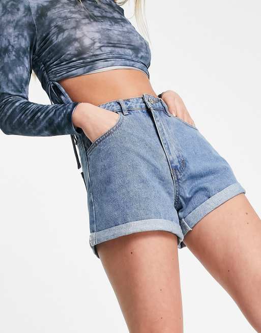 Missguided Jeansshorts Mit Hohem Bund Und Umschlag In Blau Asos